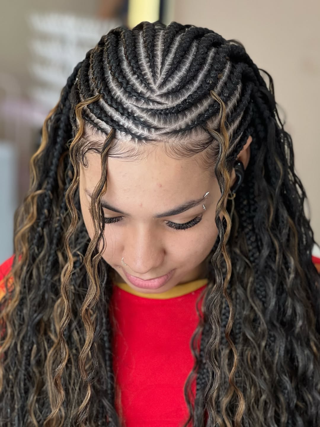 Cornrows with long black and brown boho braids by Ani Braids in Lanham, Maryland