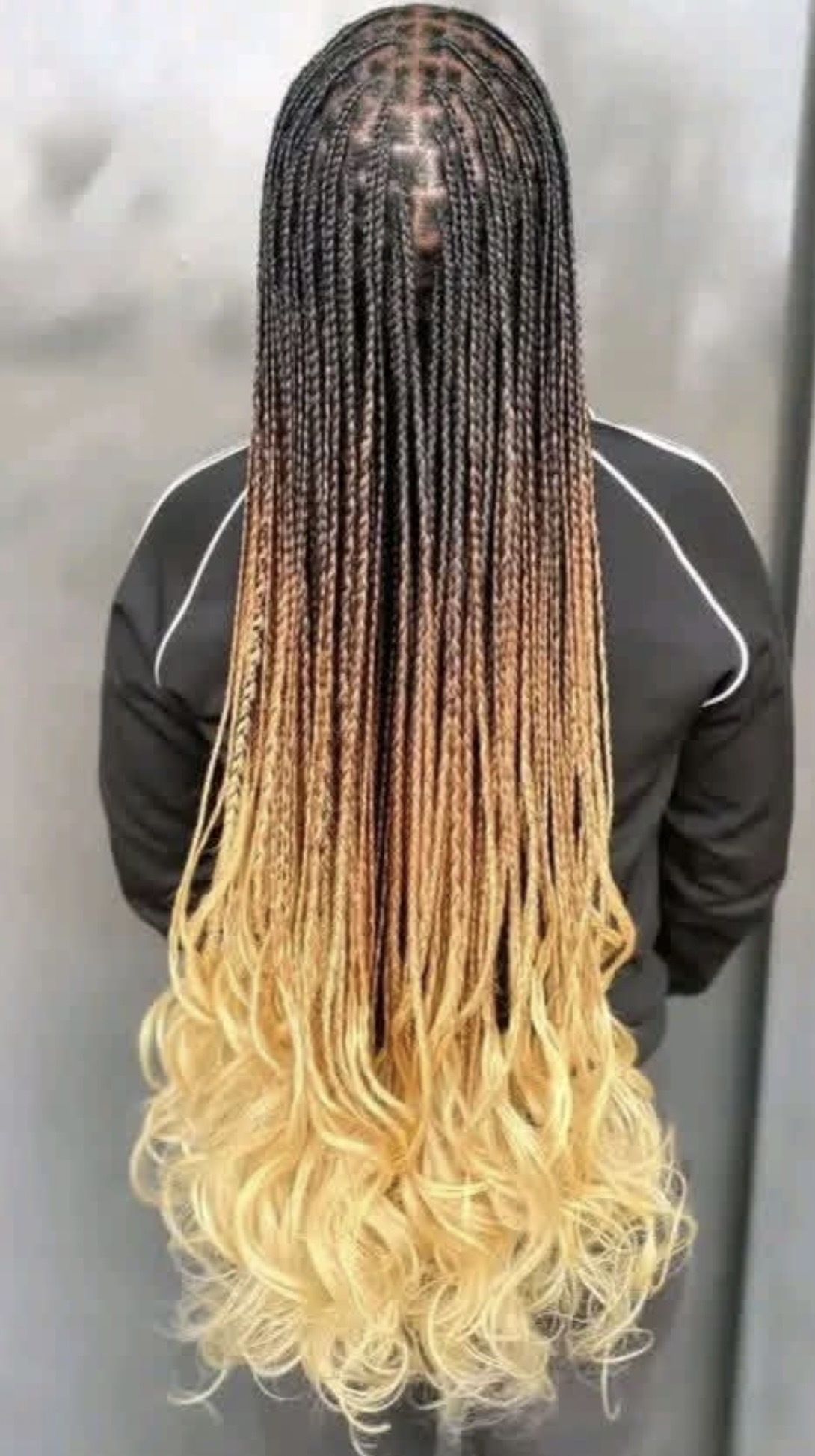 Long ombre knotless braids with black, brown and blonde curly ends by Ani Braids in Lanham, Maryland