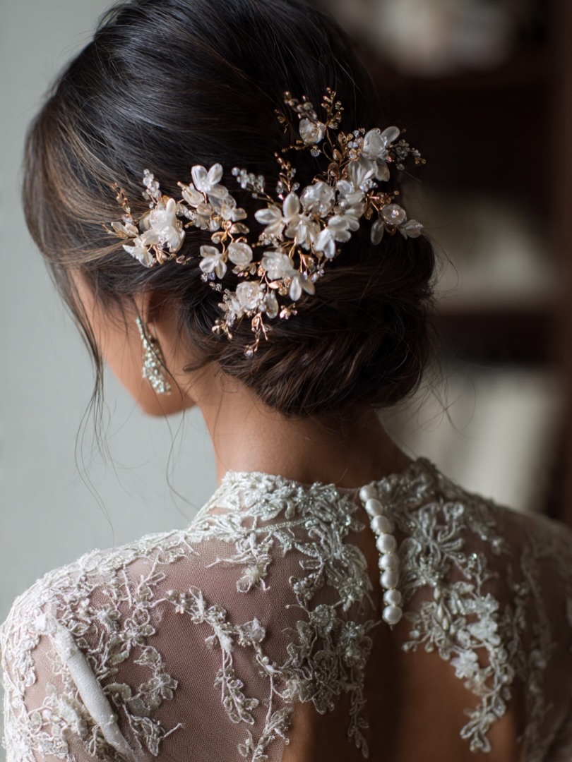 Elegant dark braided updo with a floral hairpiece by Ani Braids in Lanham, Maryland