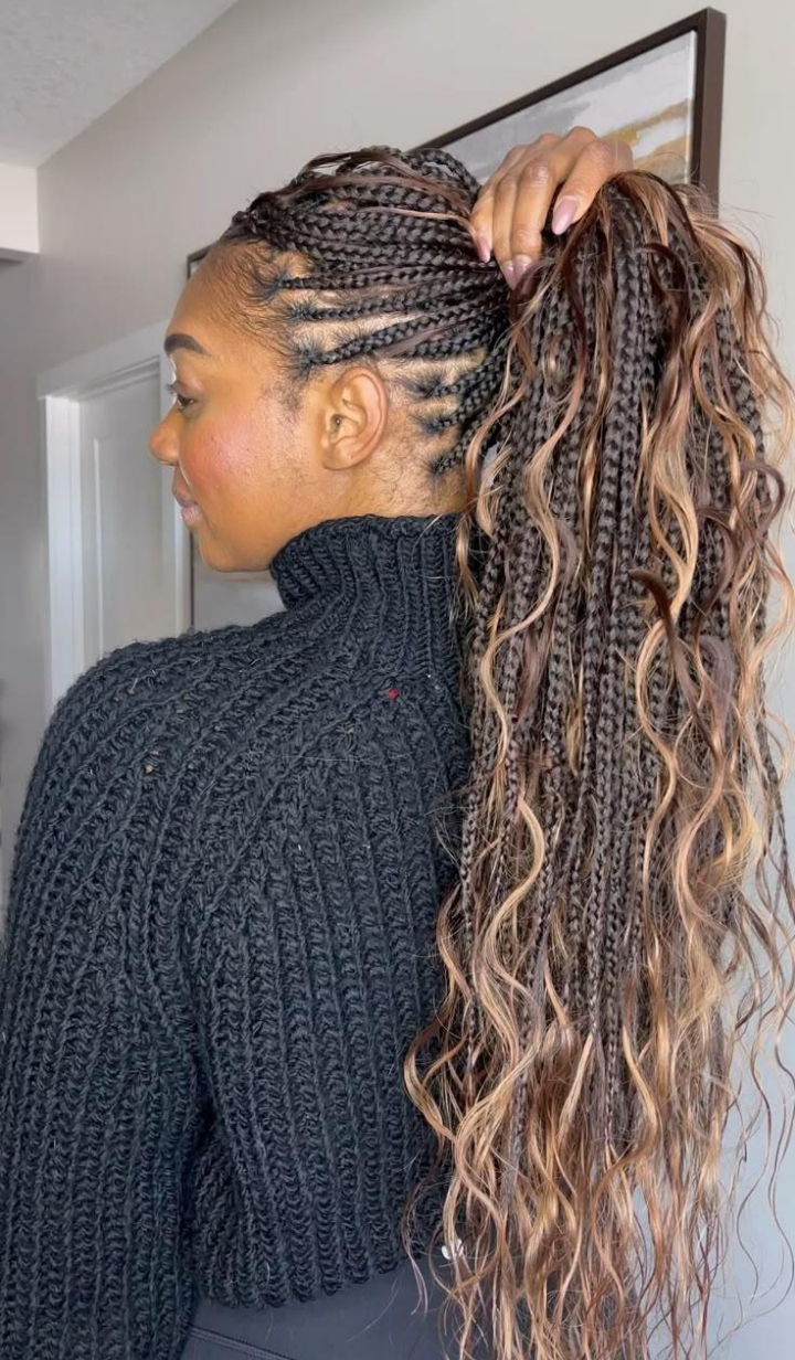 Boho cornrows into a long wavy braided ponytail with brown and blonde highlights by Ani Braids in Lanham, Maryland