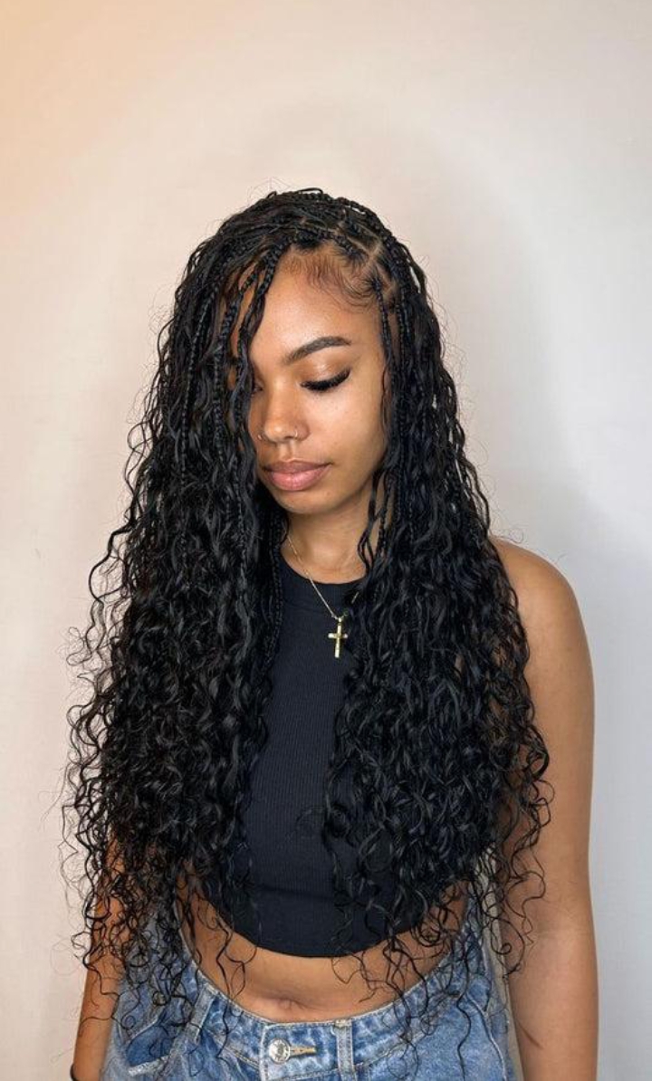 Long black goddess boho braids with curly ends by Ani Braids in Lanham, Maryland