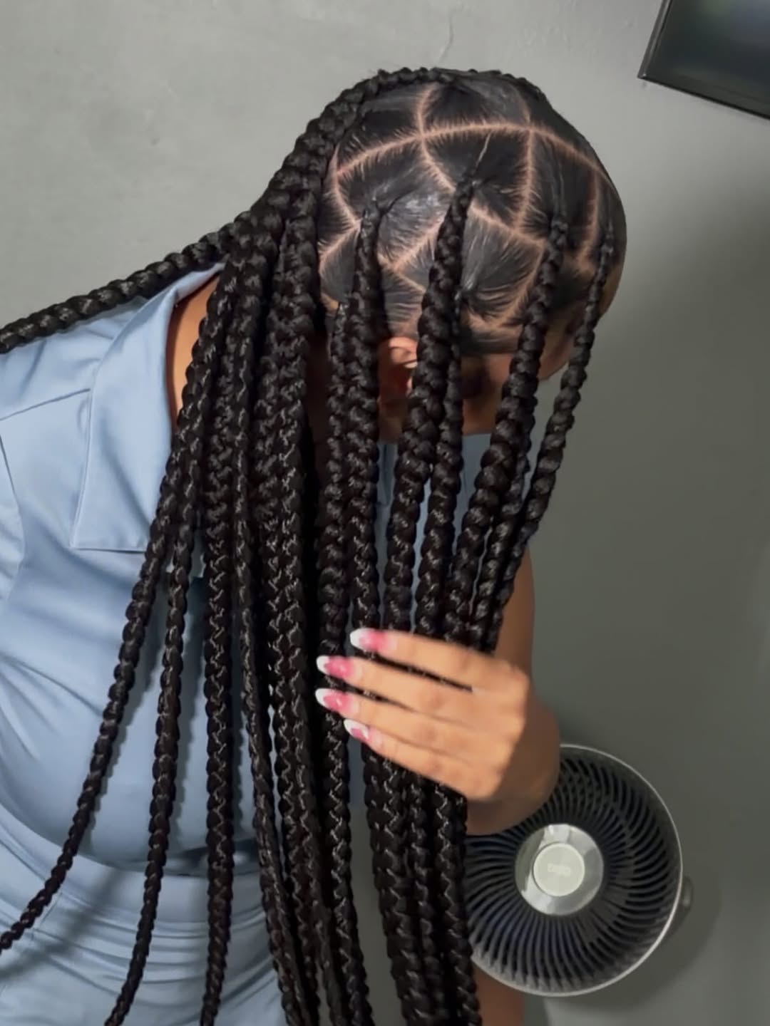 Long dark box braids with intricate partings, hip-length, by Ani Braids in Lanham, Maryland