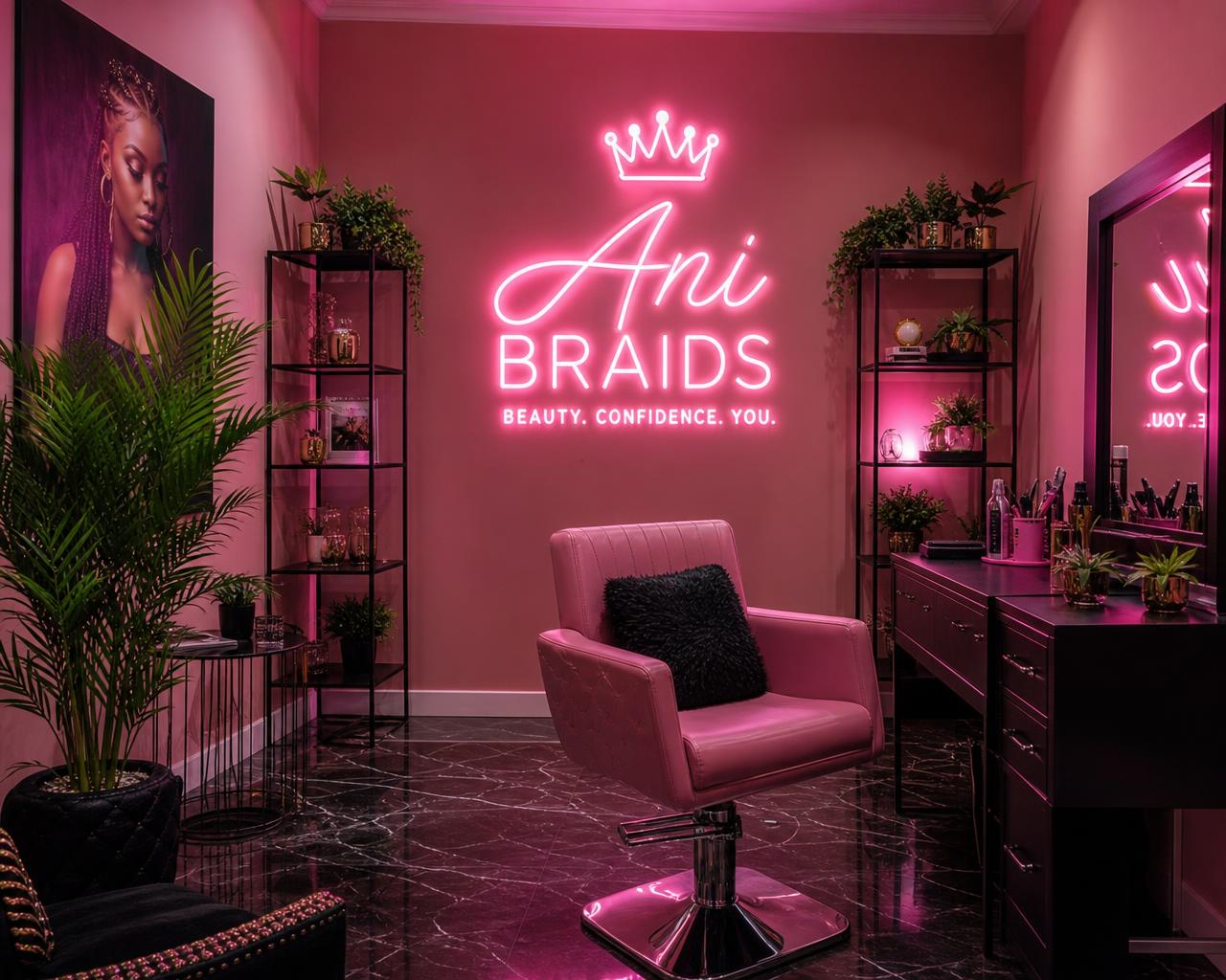 Ani Braids braiding studio interior with pink neon Ani Braids sign, styling chair and plants