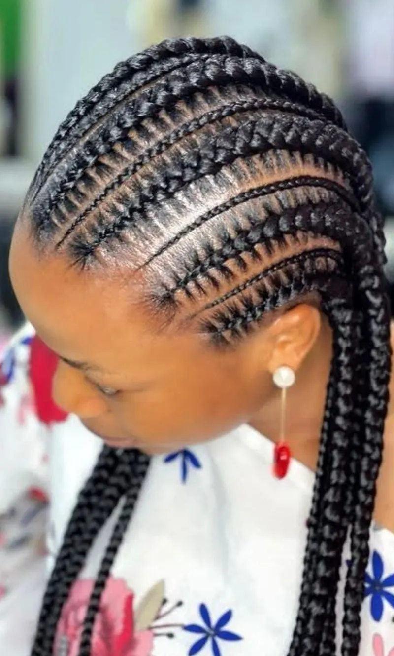 Large feed-in cornrows with long black braids by Ani Braids in Lanham, Maryland