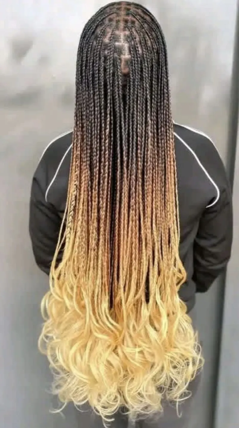 Long ombre knotless braids with black, brown and blonde curly ends by Ani Braids in Lanham, Maryland